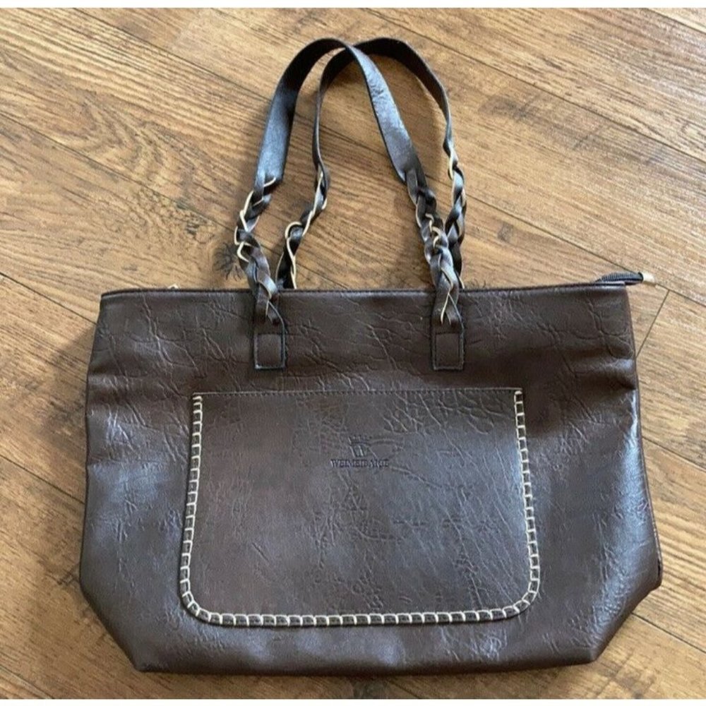 Weimeibaige Shoulder Bag Tote Large Dark Brown Vegan Leather 17 x 12 x 5 Handbag